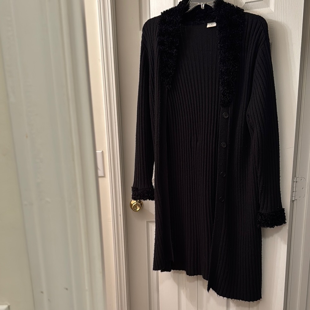 Black Ribbed Long Cardigan with Faux Fur Trim